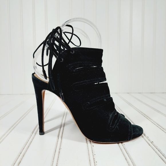 Aquazzura Black Lace Up Back Slip On High Heels Pep Toe Sandals B176 - Picture 5 of 11